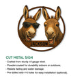 Donkey metal sign feature graphic showing two humorous donkeys and cut-metal sign construction details