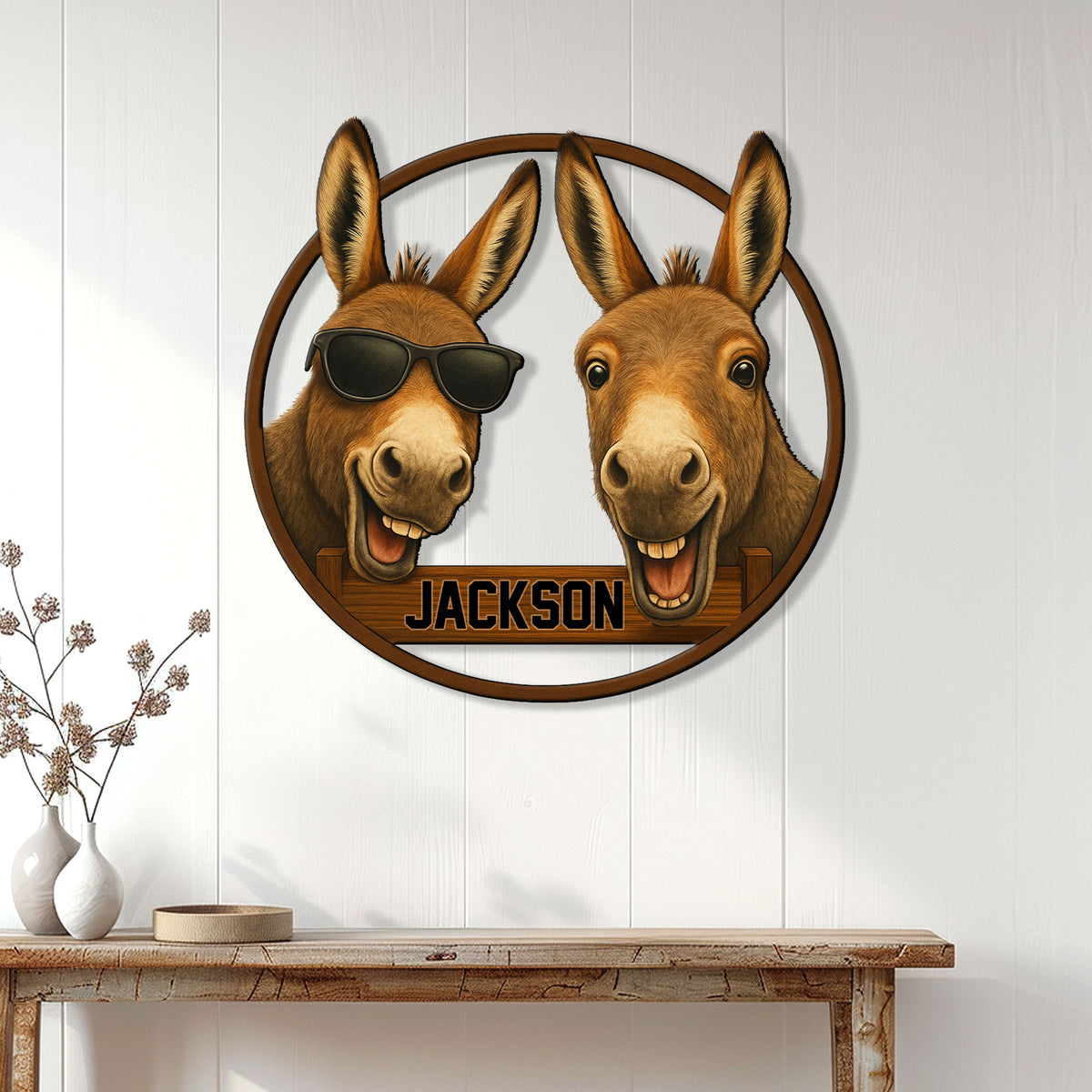 Donkey wall sign displayed above a console table in a bright farmhouse-style interior