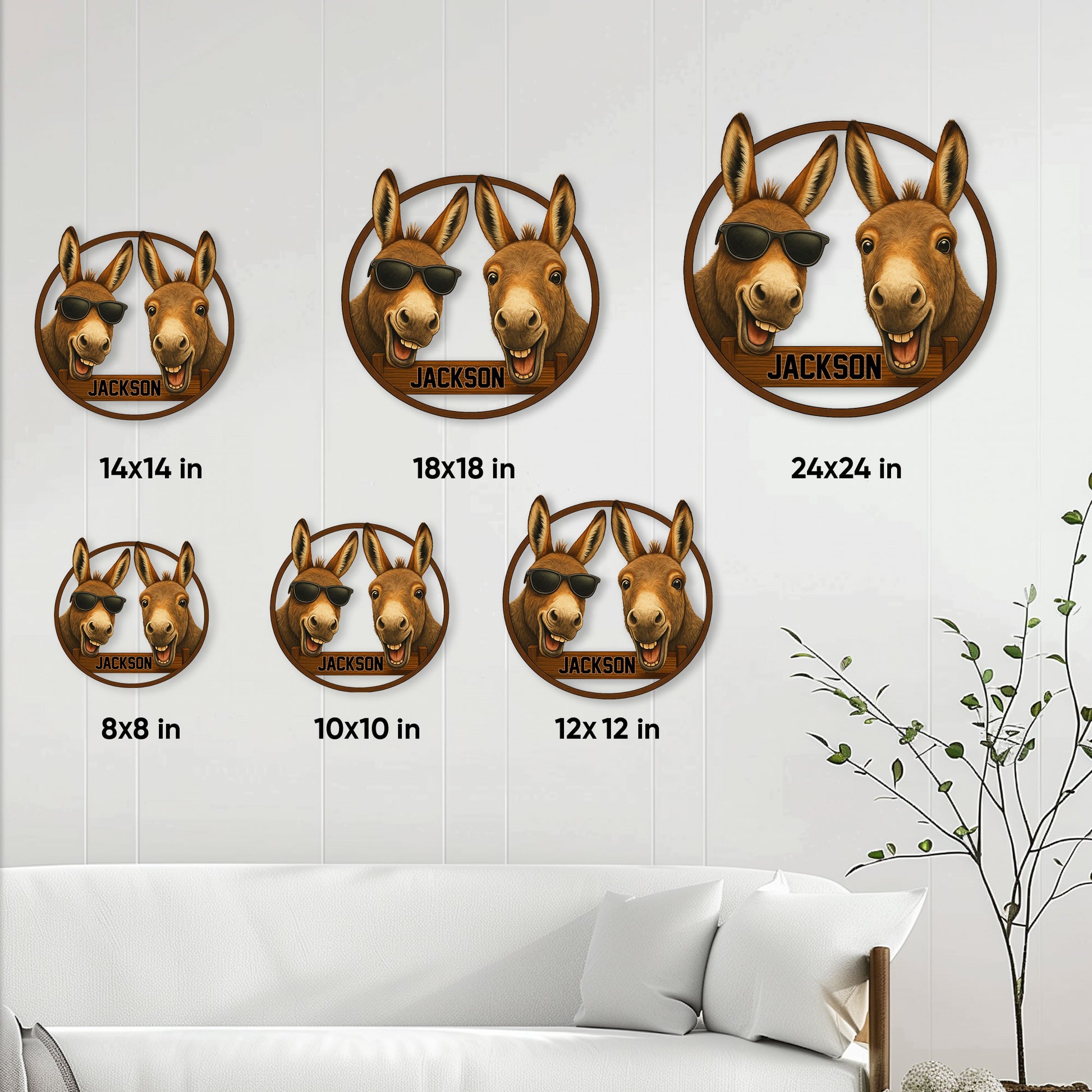 Donkey metal sign size guide showing available square sizes from 8 by 8 to 24 by 24 inches