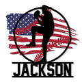 Custom baseball metal sign featuring a batter silhouette, baseball, and distressed American flag design
