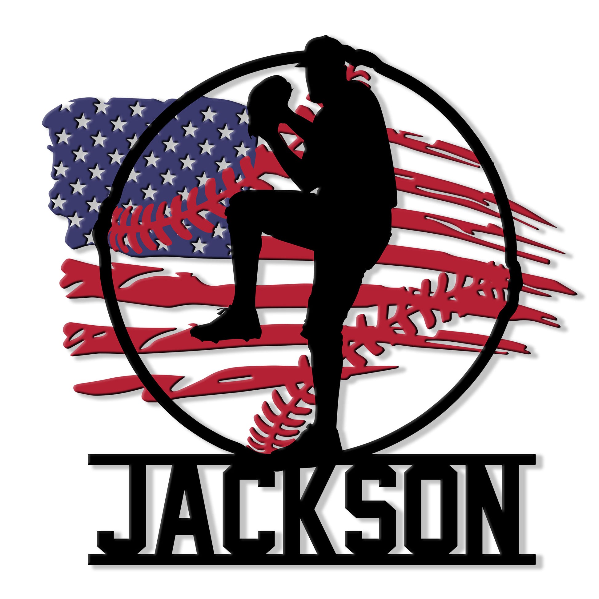 Custom baseball metal sign featuring a batter silhouette, baseball, and distressed American flag design