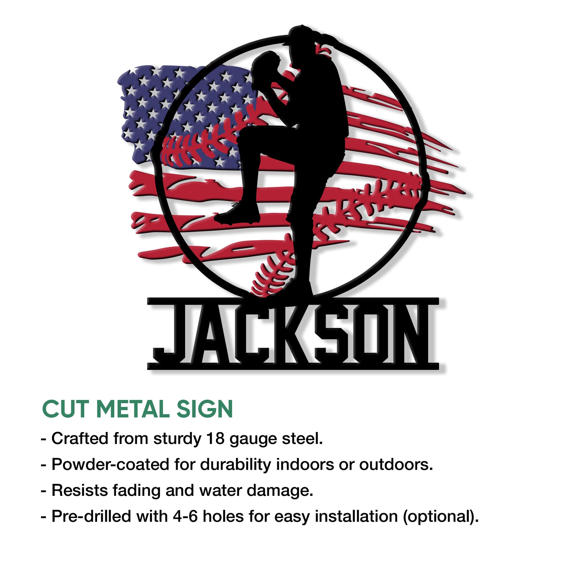 Baseball batter metal sign shown with cut-steel product details and installation information