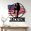 Baseball wall decor displayed on a white paneled wall above a console table