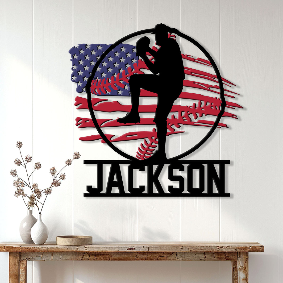 Baseball wall decor displayed on a white paneled wall above a console table
