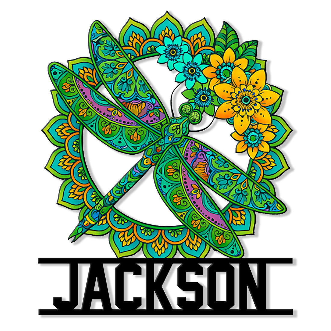 Colorful floral dragonfly metal sign with intricate paisley wings and a custom design