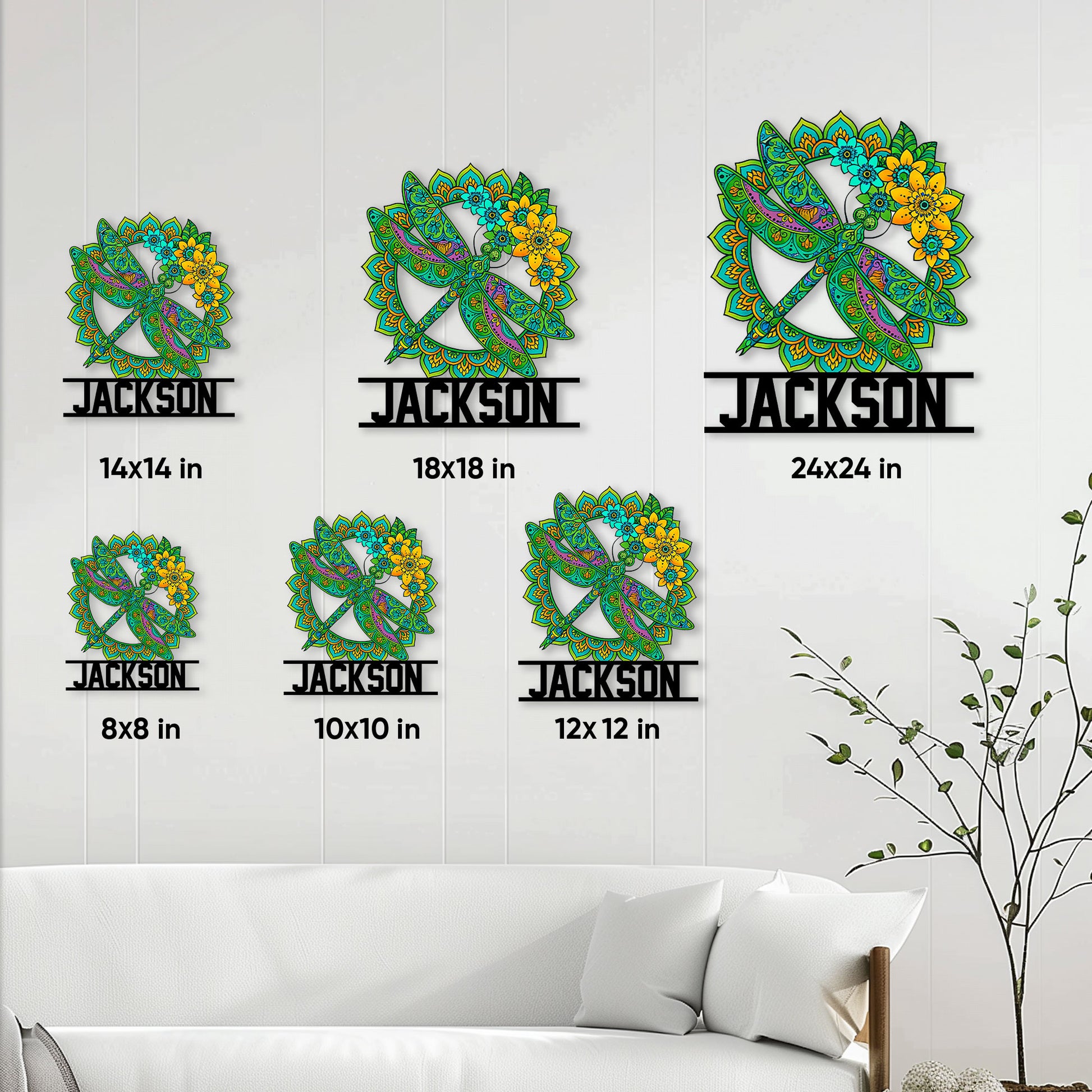 Dragonfly metal sign size guide showing multiple square size options in a living room setting