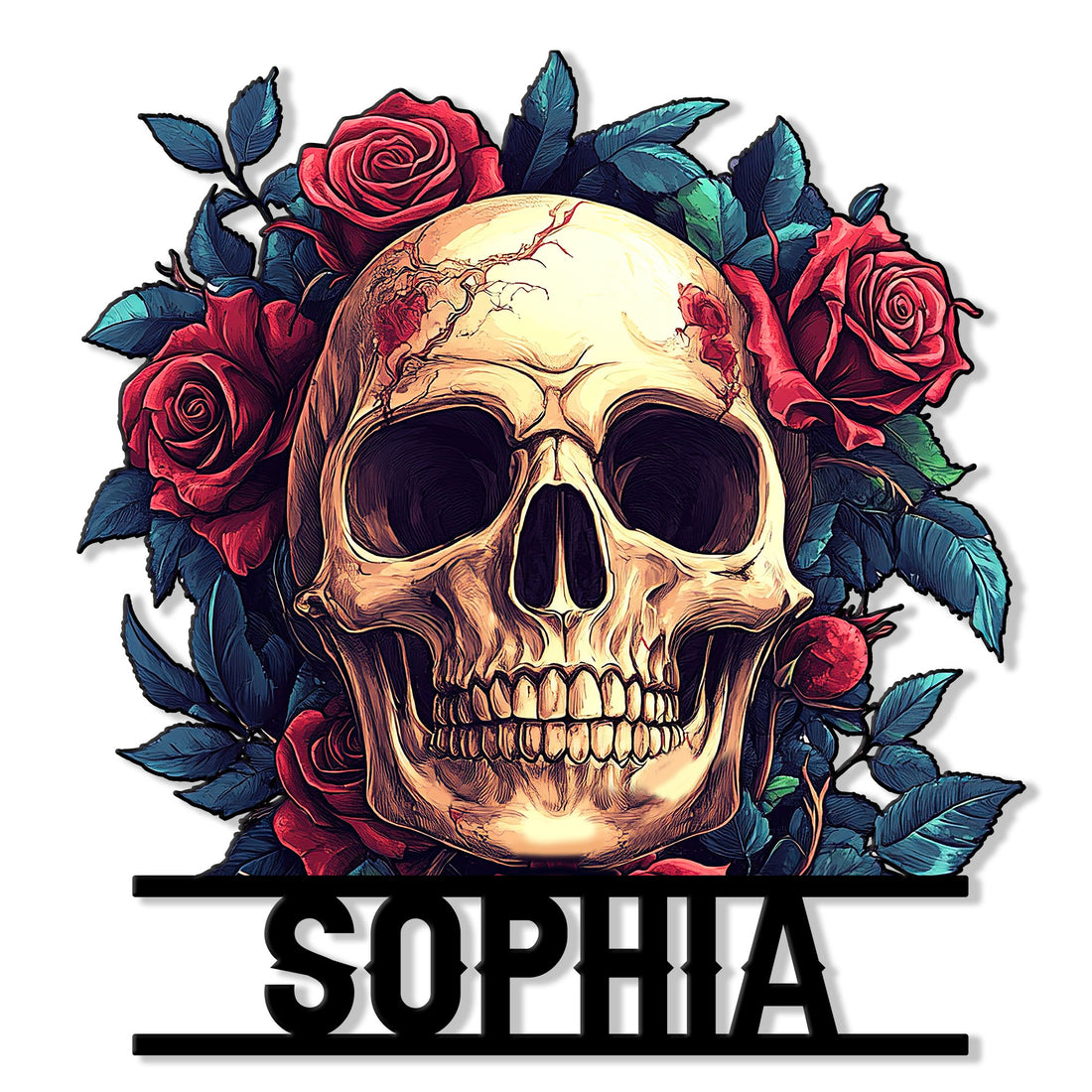 Colorful skull metal sign framed by red roses and dark blue leaves in a gothic floral design