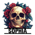 Colorful skull metal sign framed by red roses and dark blue leaves in a gothic floral design