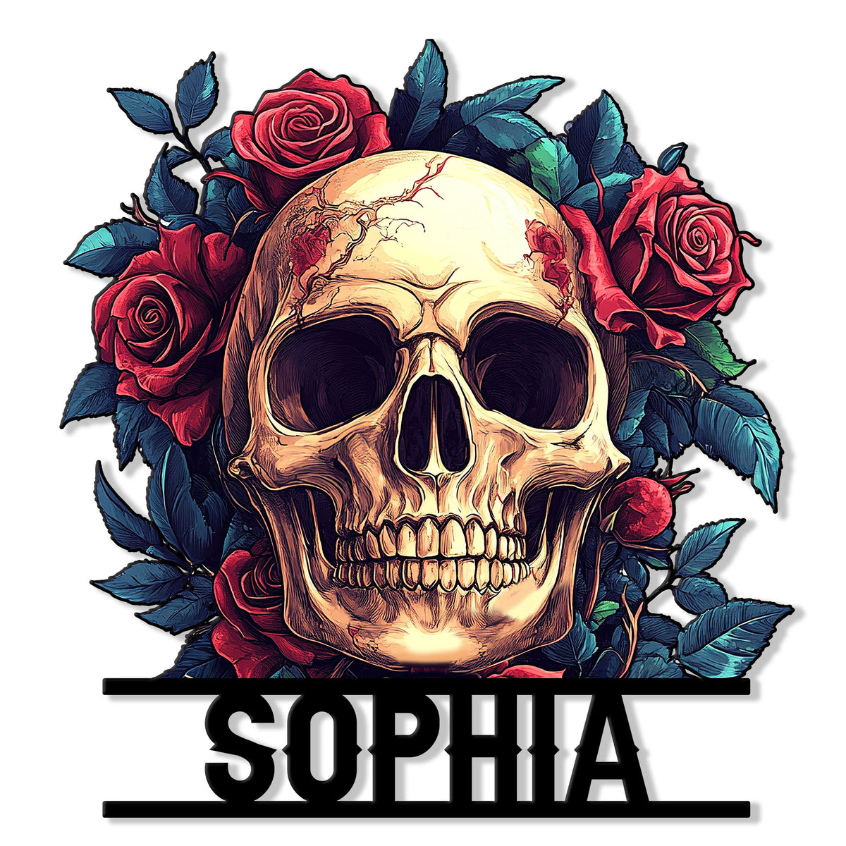 Colorful skull metal sign framed by red roses and dark blue leaves in a gothic floral design
