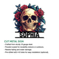 Gothic skull and rose cut metal sign shown in a product feature presentation