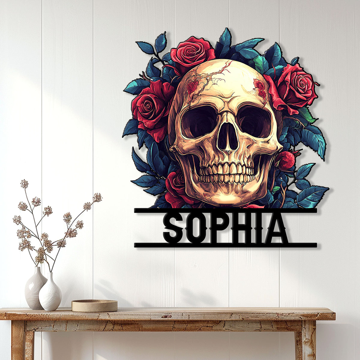 Gothic skull rose metal sign displayed as dramatic wall decor in a modern entryway