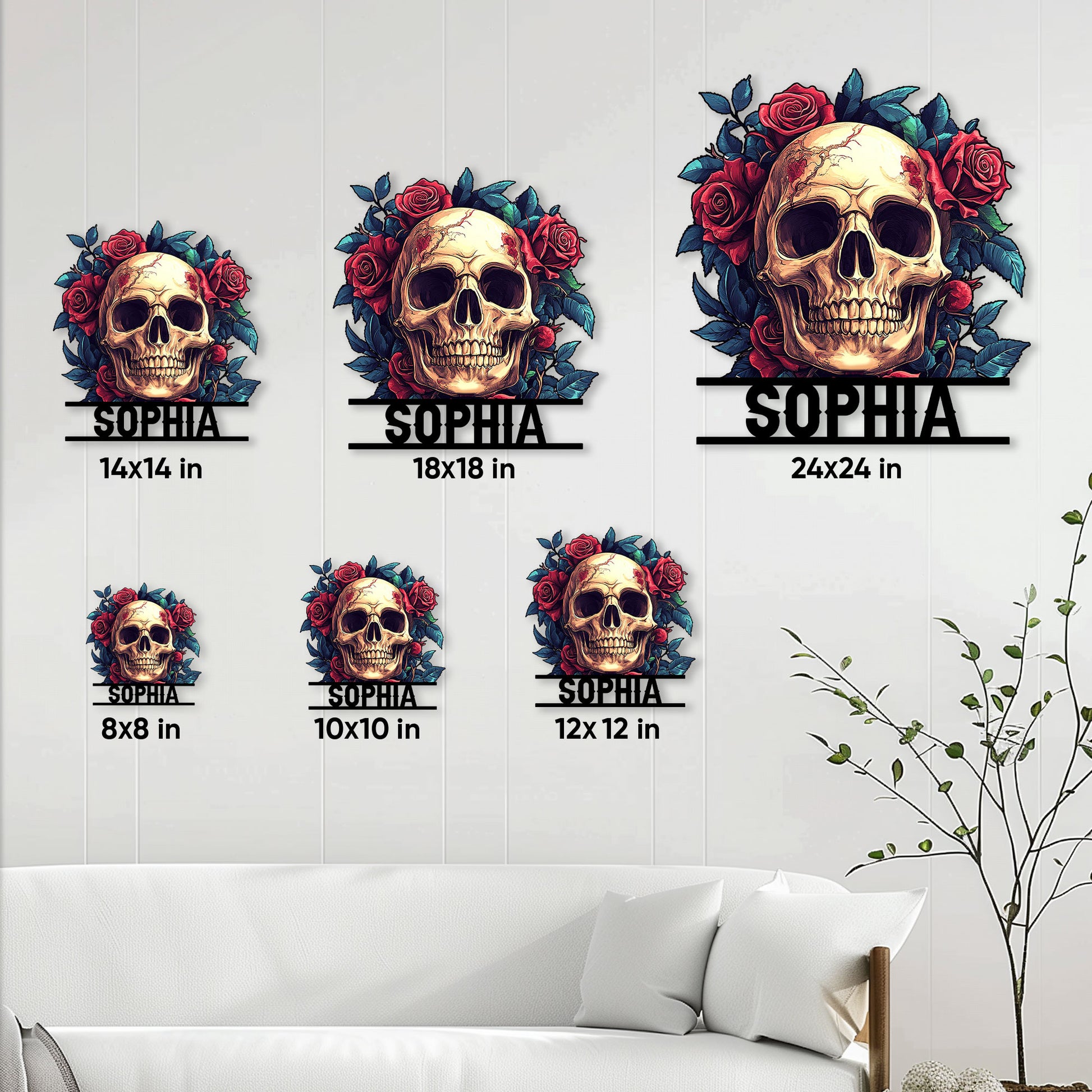 Skull and rose metal sign size guide showing available 8, 10, 12, 14, 18, and 24 inch options