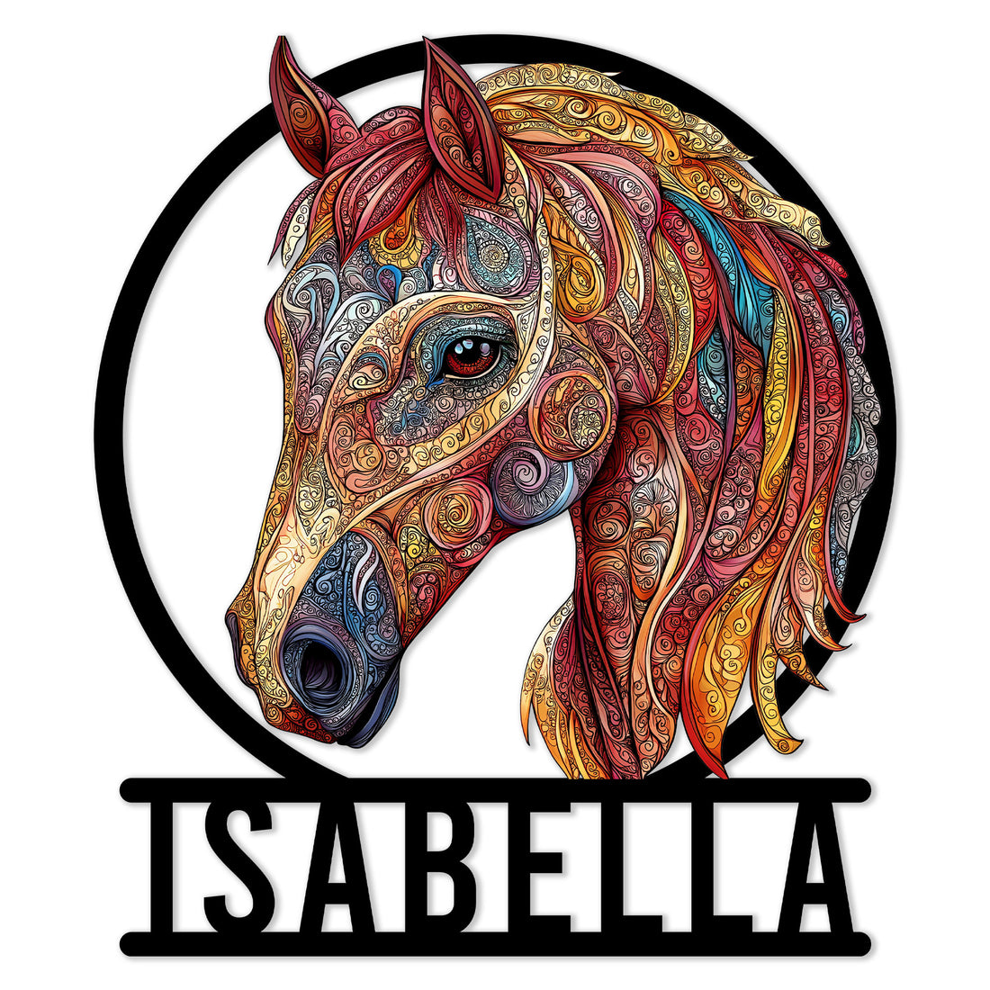 Colorful horse head metal sign featuring intricate paisley patterns and a bold circular frame