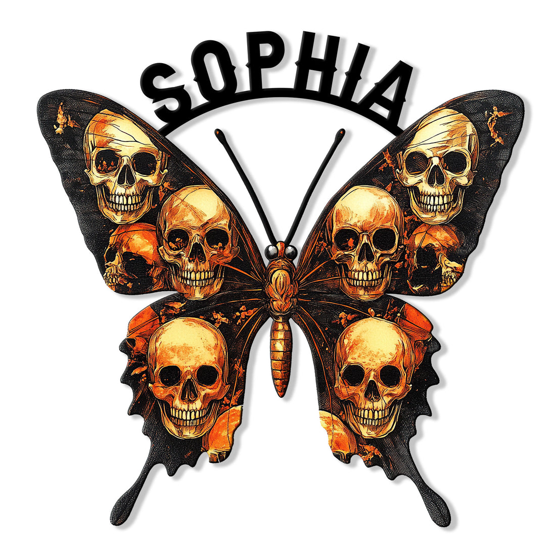 Skull butterfly metal sign featuring five detailed skulls in bold black and orange artwork
