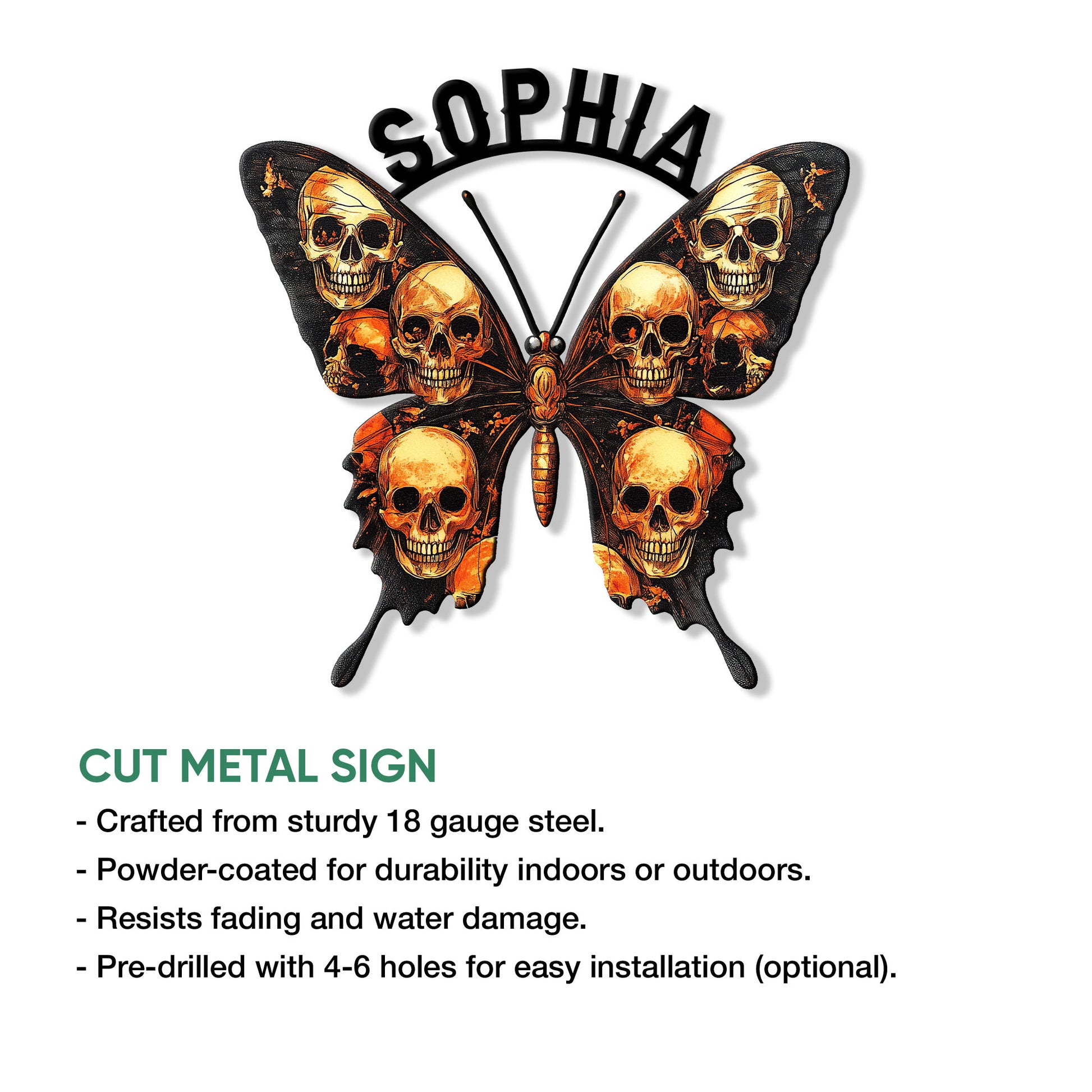 Skull butterfly cut metal sign shown with product feature information for indoor or outdoor display