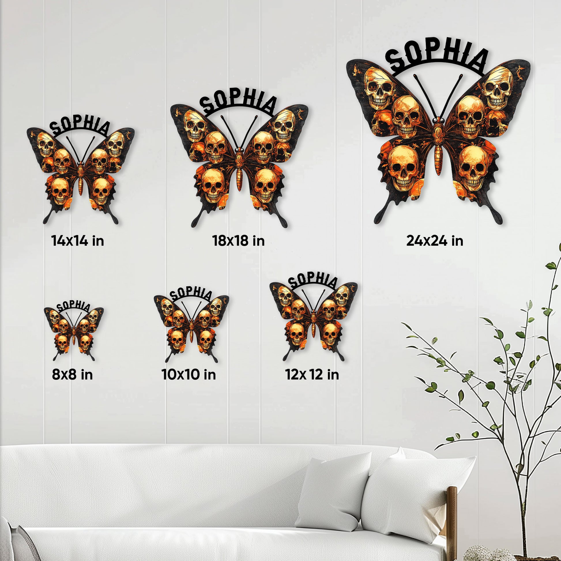 Skull butterfly metal sign size guide showing available dimensions from 8 by 8 to 24 by 24 inches