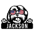 Custom Shih Tzu metal sign featuring a playful dog in American flag sunglasses with raised paws