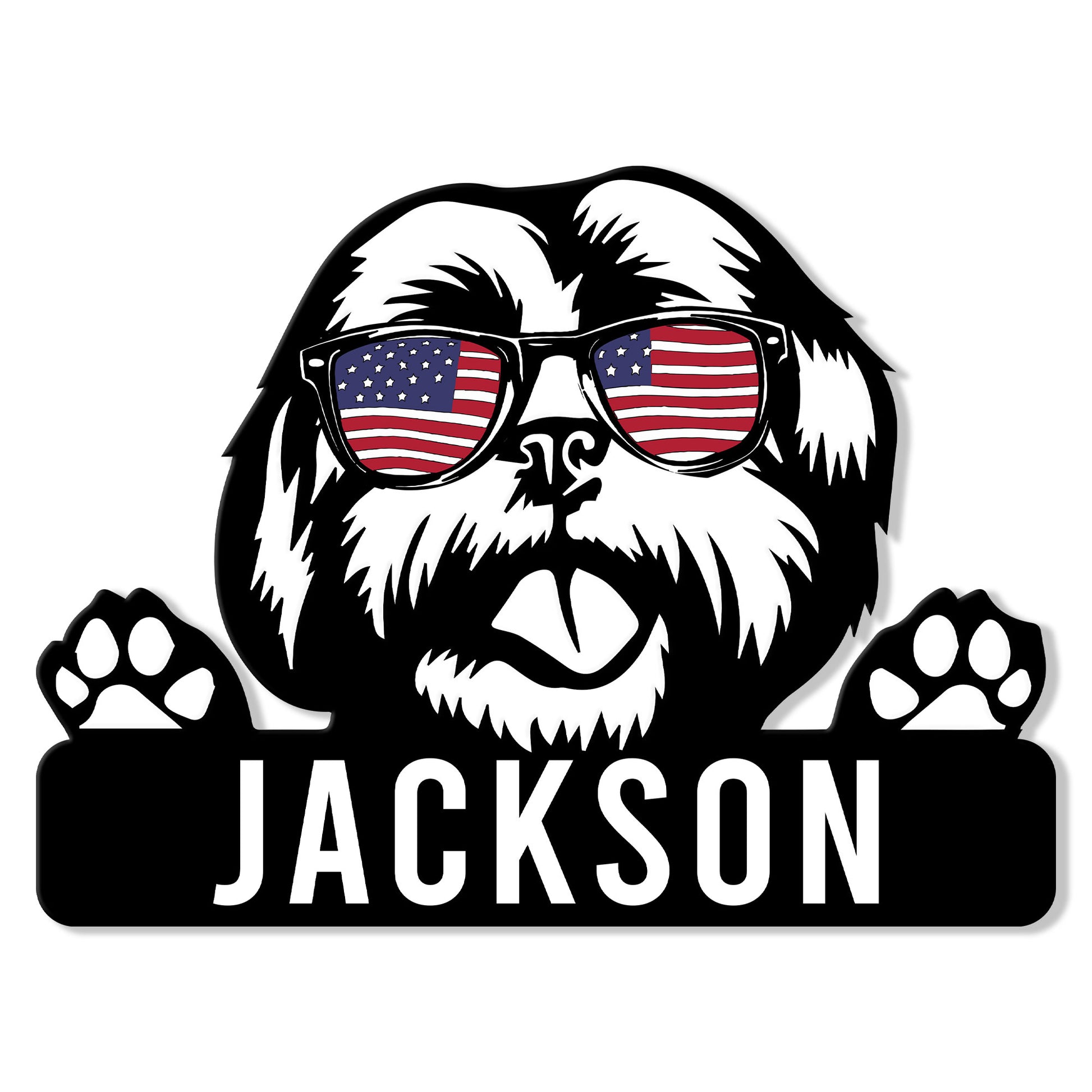Custom Shih Tzu metal sign featuring a playful dog in American flag sunglasses with raised paws