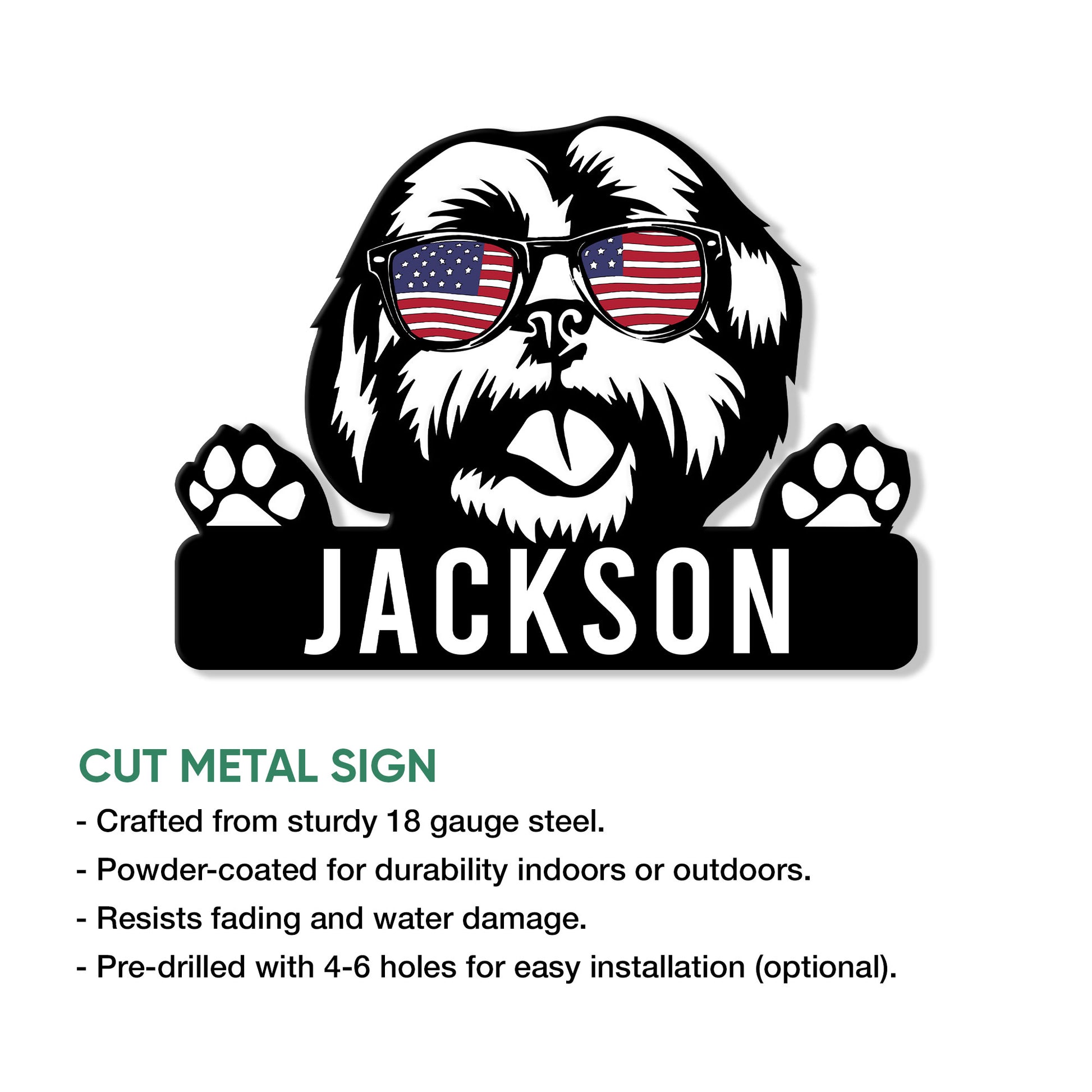 Shih Tzu metal sign feature guide showing the patriotic dog design and cut metal construction