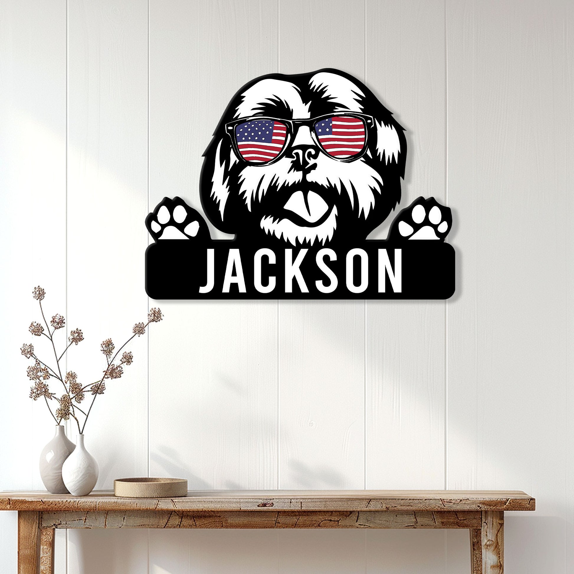 Patriotic Shih Tzu metal wall sign displayed on a bright paneled wall above a console table