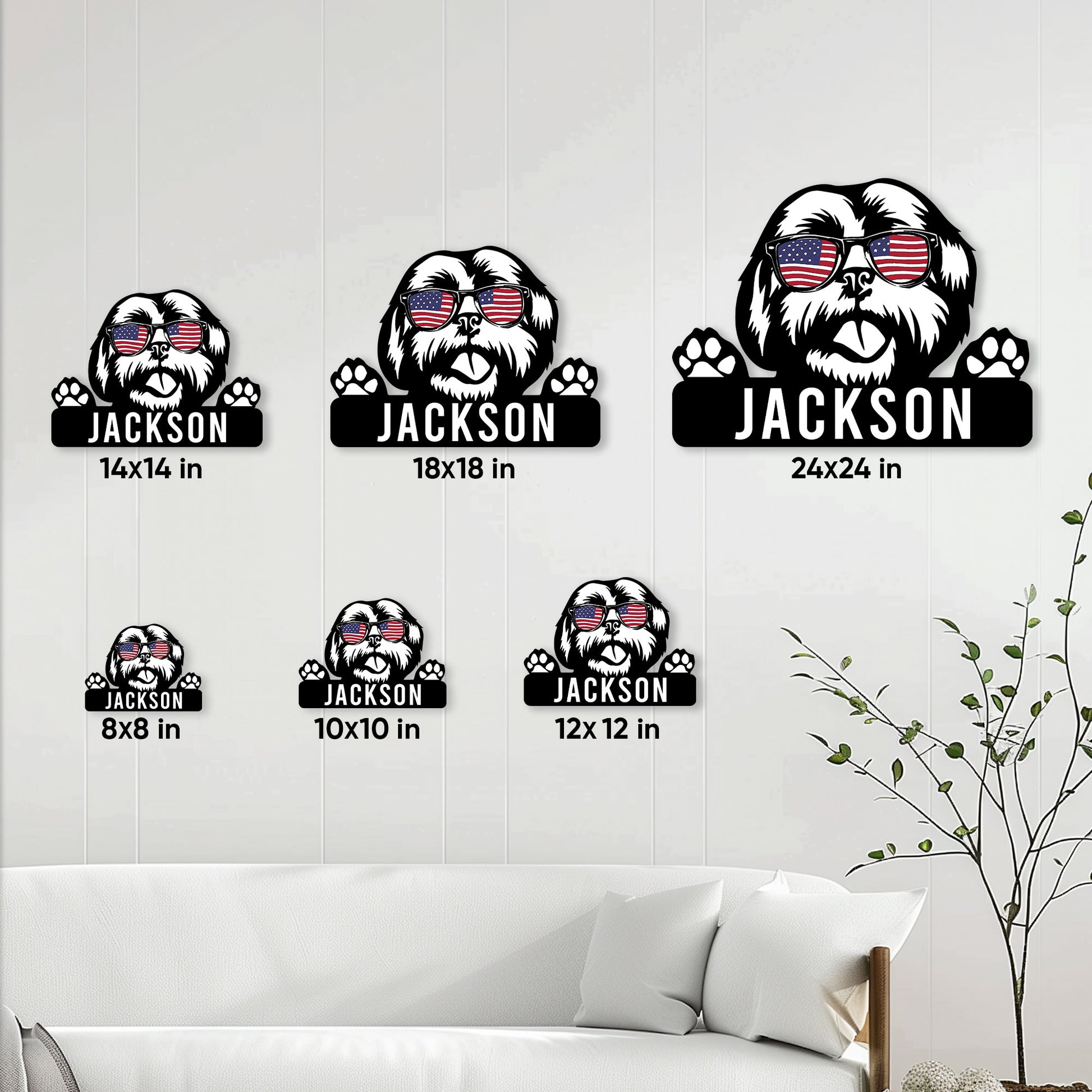 Shih Tzu metal sign size guide showing options from 8 by 8 inches to 24 by 24 inches