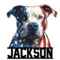 Patriotic Staffordshire Bull Terrier metal sign featuring a detailed blue, white, and red dog portrait