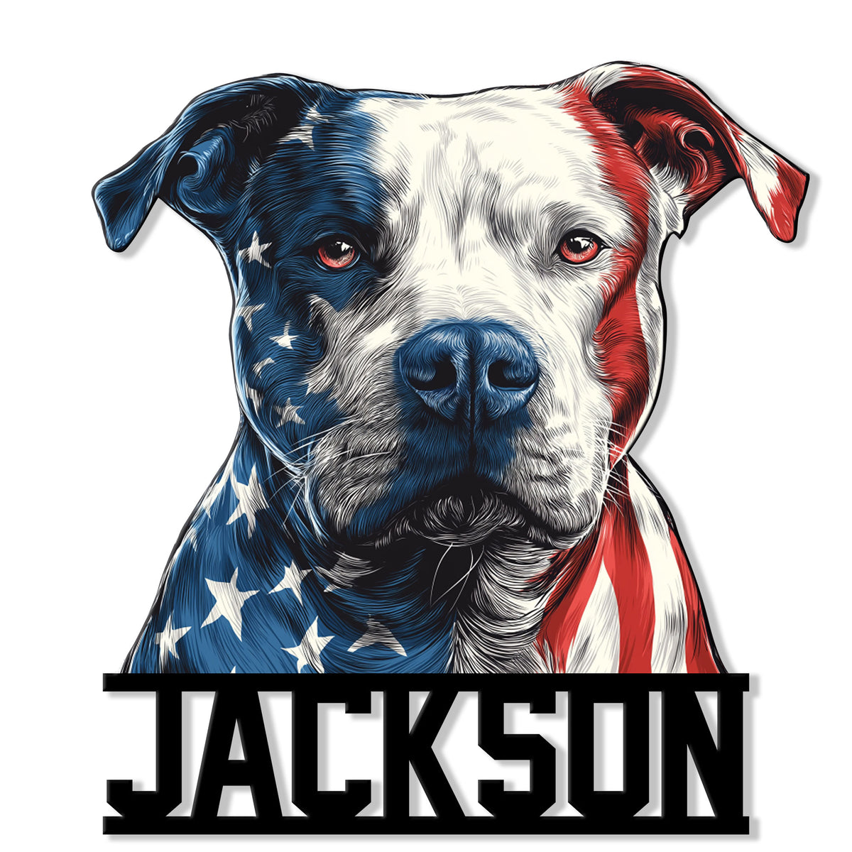 Patriotic Staffordshire Bull Terrier metal sign featuring a detailed blue, white, and red dog portrait