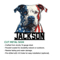 Staffordshire Bull Terrier cut metal sign shown with product feature details and patriotic dog artwork