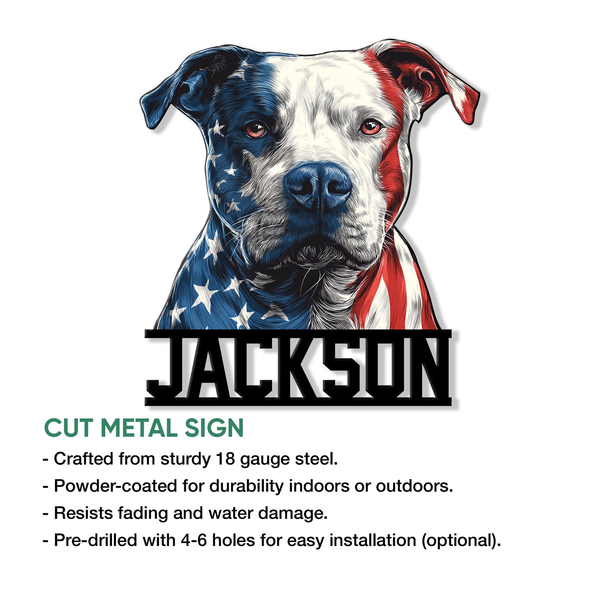 Staffordshire Bull Terrier cut metal sign shown with product feature details and patriotic dog artwork