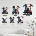 Staffordshire Bull Terrier metal sign size guide showing six available square sizes in a home setting