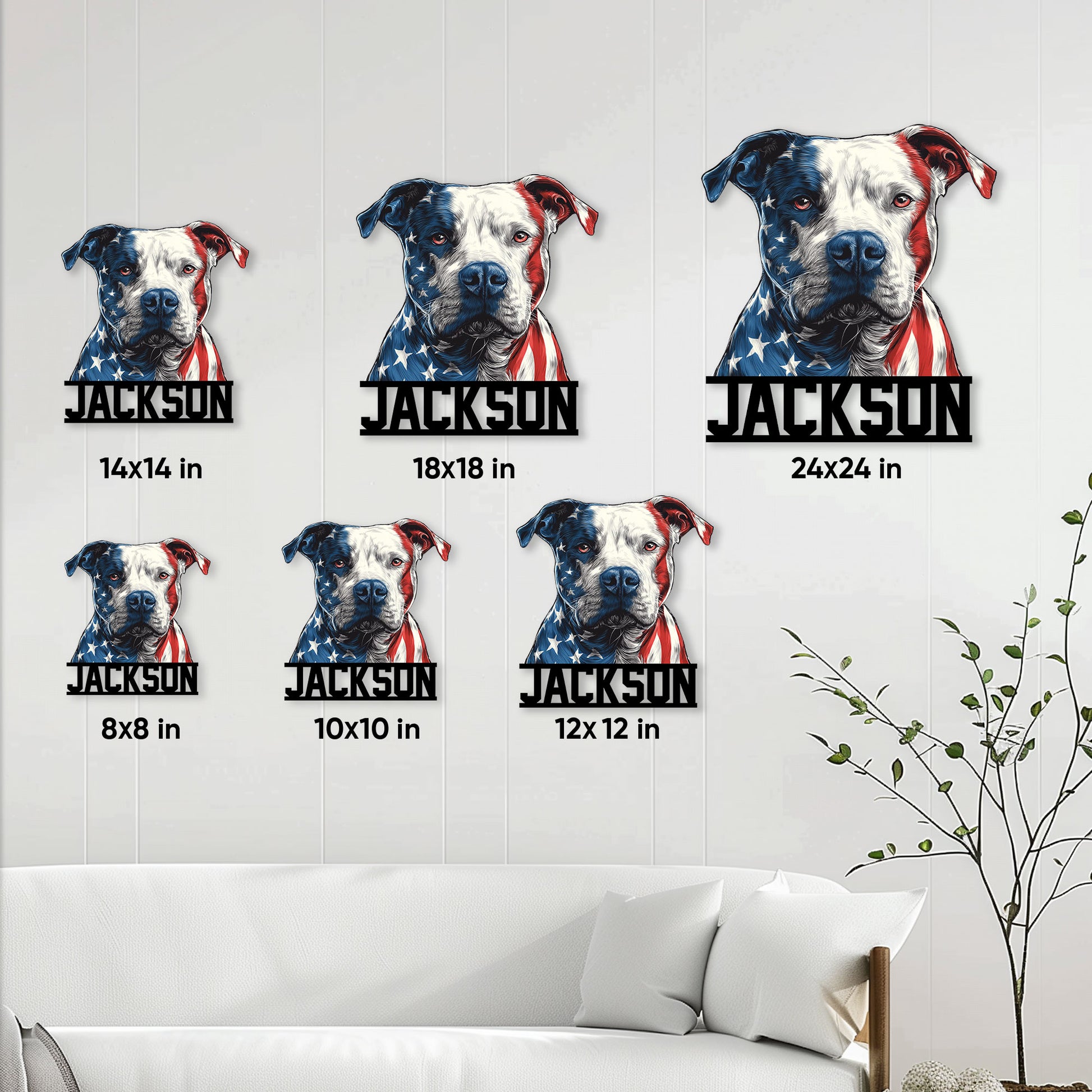 Staffordshire Bull Terrier metal sign size guide showing six available square sizes in a home setting