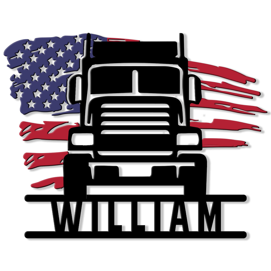 Patriotic trucker metal sign featuring a bold semi truck silhouette over a distressed American flag