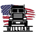 Patriotic trucker metal sign featuring a bold semi truck silhouette over a distressed American flag
