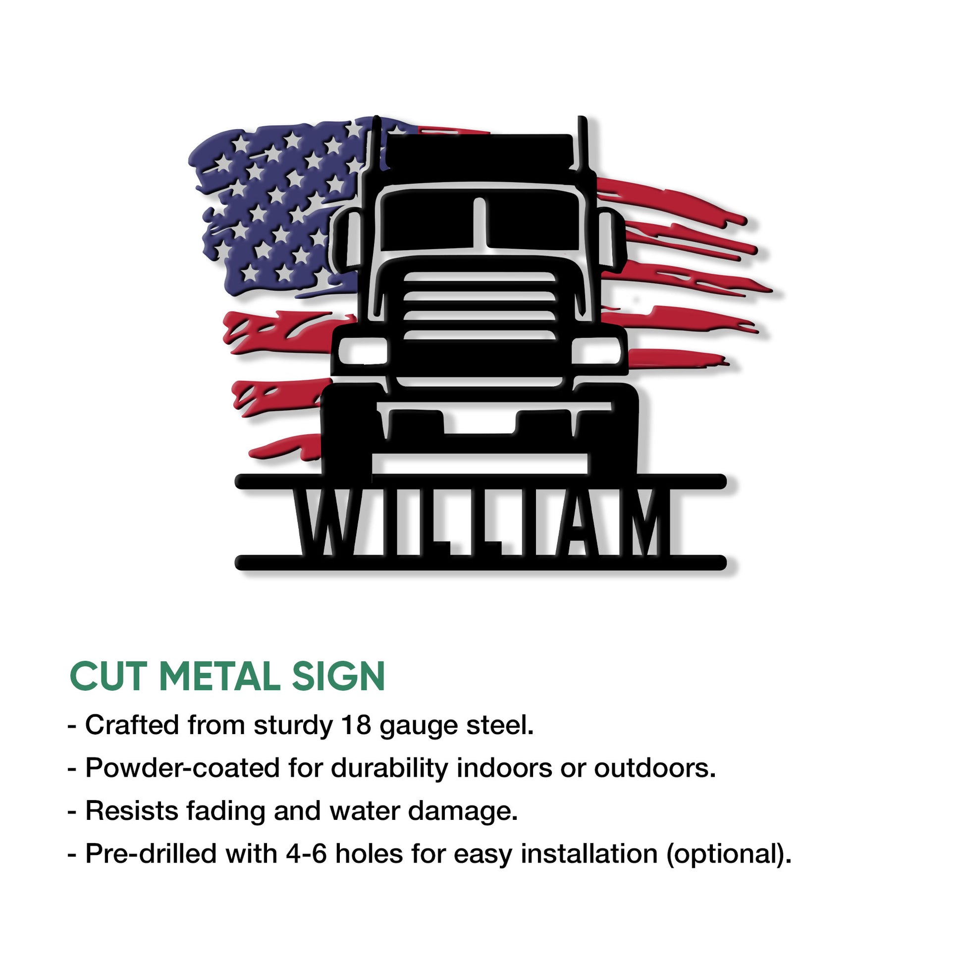 Patriotic semi truck metal sign shown in a product feature graphic with cut metal sign details