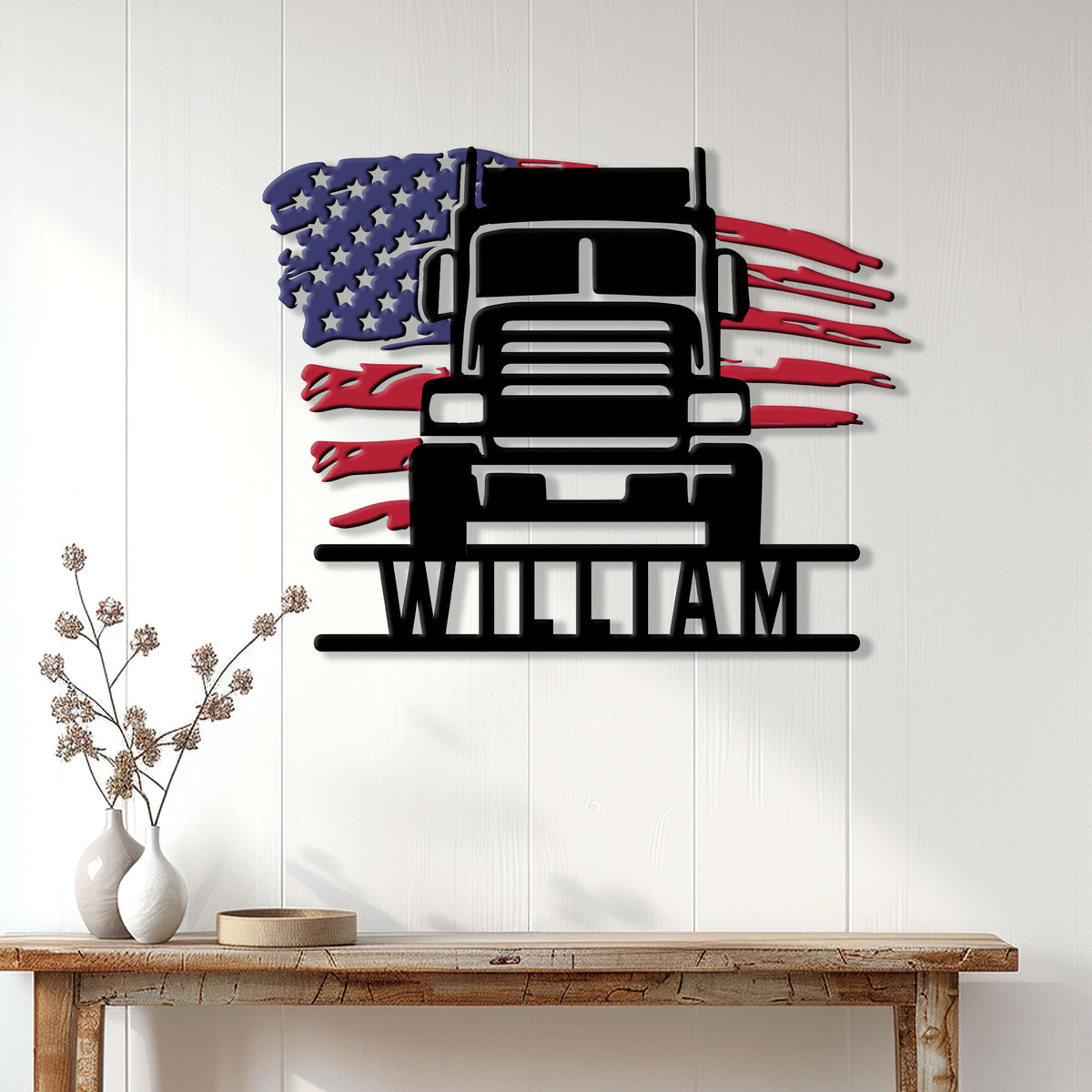 Patriotic trucker wall sign displayed on a white paneled wall above a rustic console table