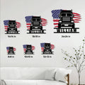 Patriotic semi truck metal sign shown in multiple size options on a bright living room wall