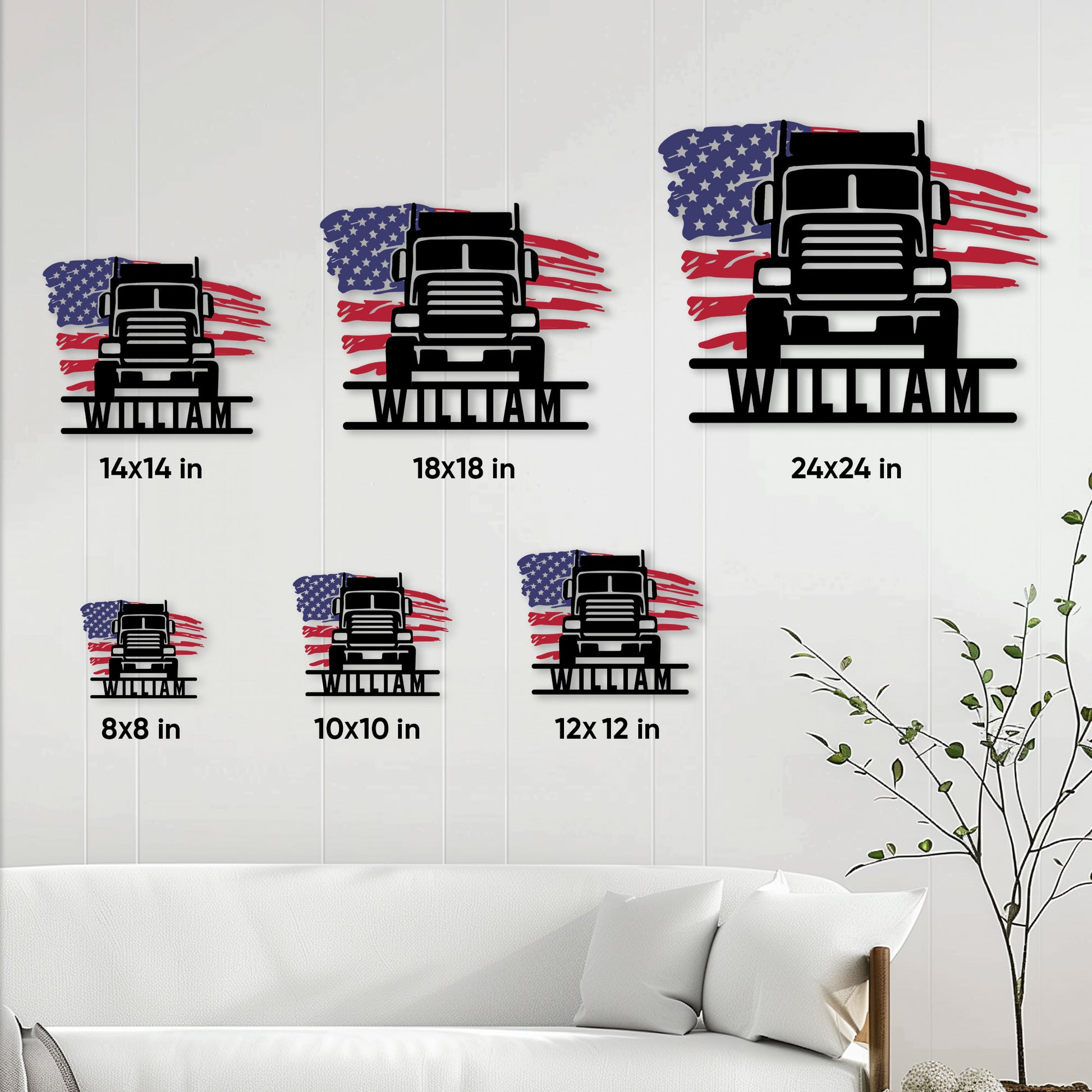 Patriotic semi truck metal sign shown in multiple size options on a bright living room wall