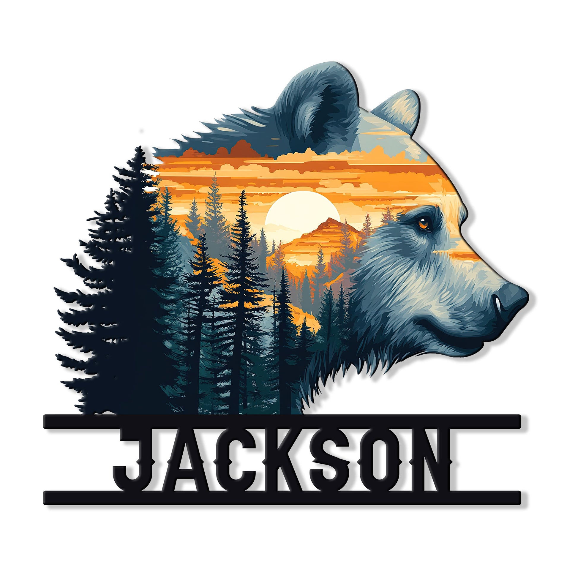 Custom bear metal sign featuring a forest mountain sunset scene within a detailed bear silhouette