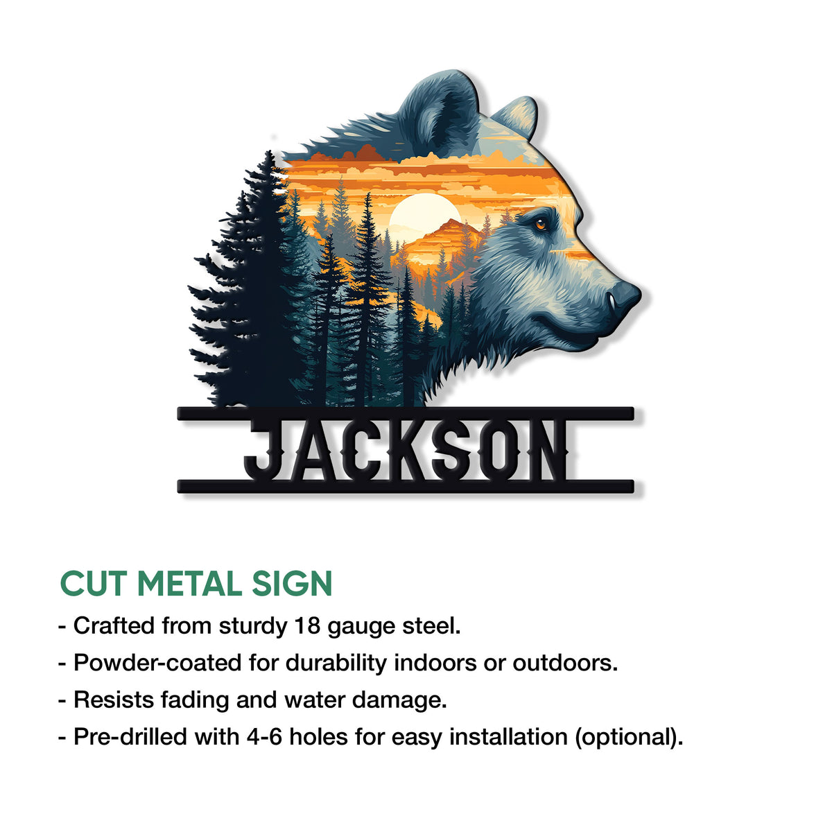 Bear metal sign product display with a forest landscape, mountain sunset, and bold cutout design