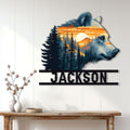 Bear wall sign displayed above a console table, bringing mountain wildlife decor to a modern home
