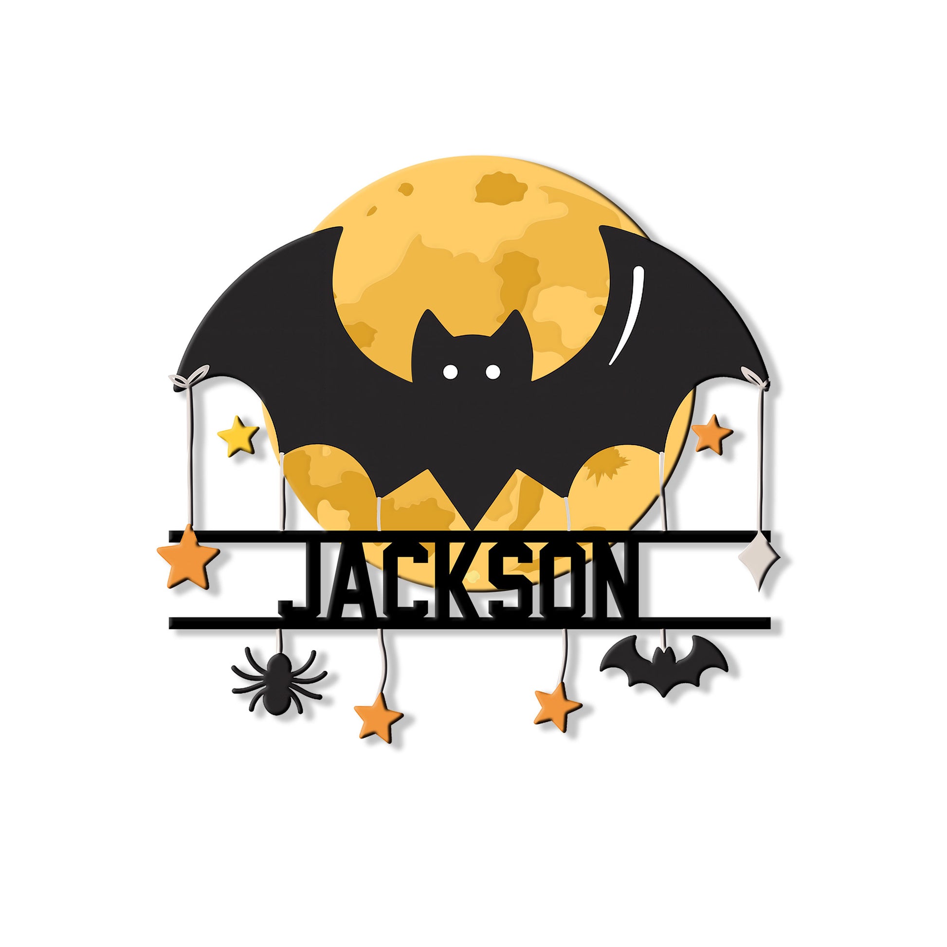 Custom Halloween metal sign featuring a black bat silhouetted against a glowing full moon with hanging stars