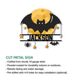 Halloween bat metal sign shown with cut-metal construction and decorative hanging stars, spider, and smaller bat