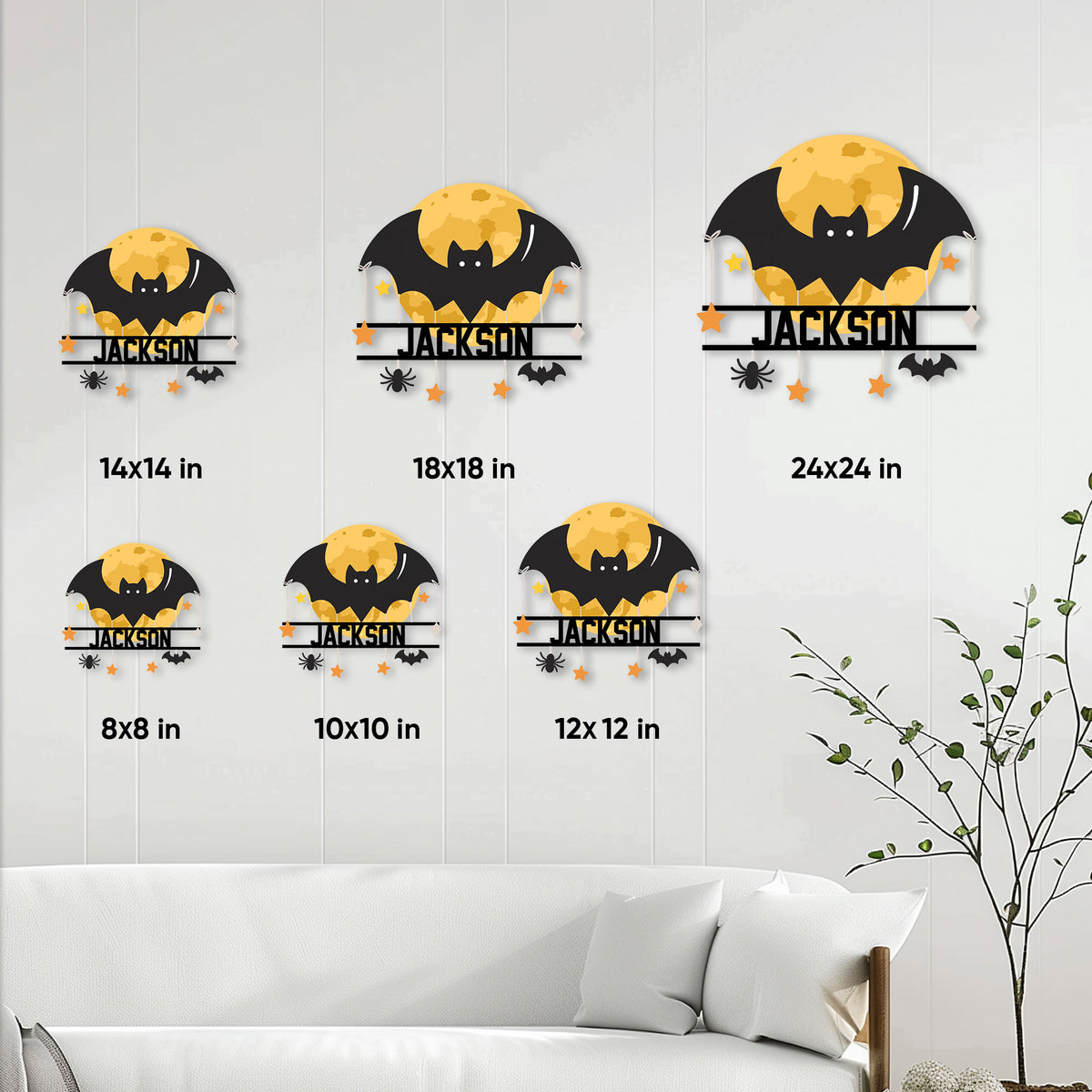 Halloween bat metal sign size guide showing available sizes from 8 by 8 inches to 24 by 24 inches