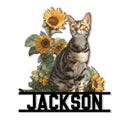 Bengal cat metal sign featuring a realistic tabby cat surrounded by blooming sunflowers and leafy greenery
