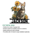 Bengal cat cut metal sign shown in a product feature infographic with floral artwork and mounting details