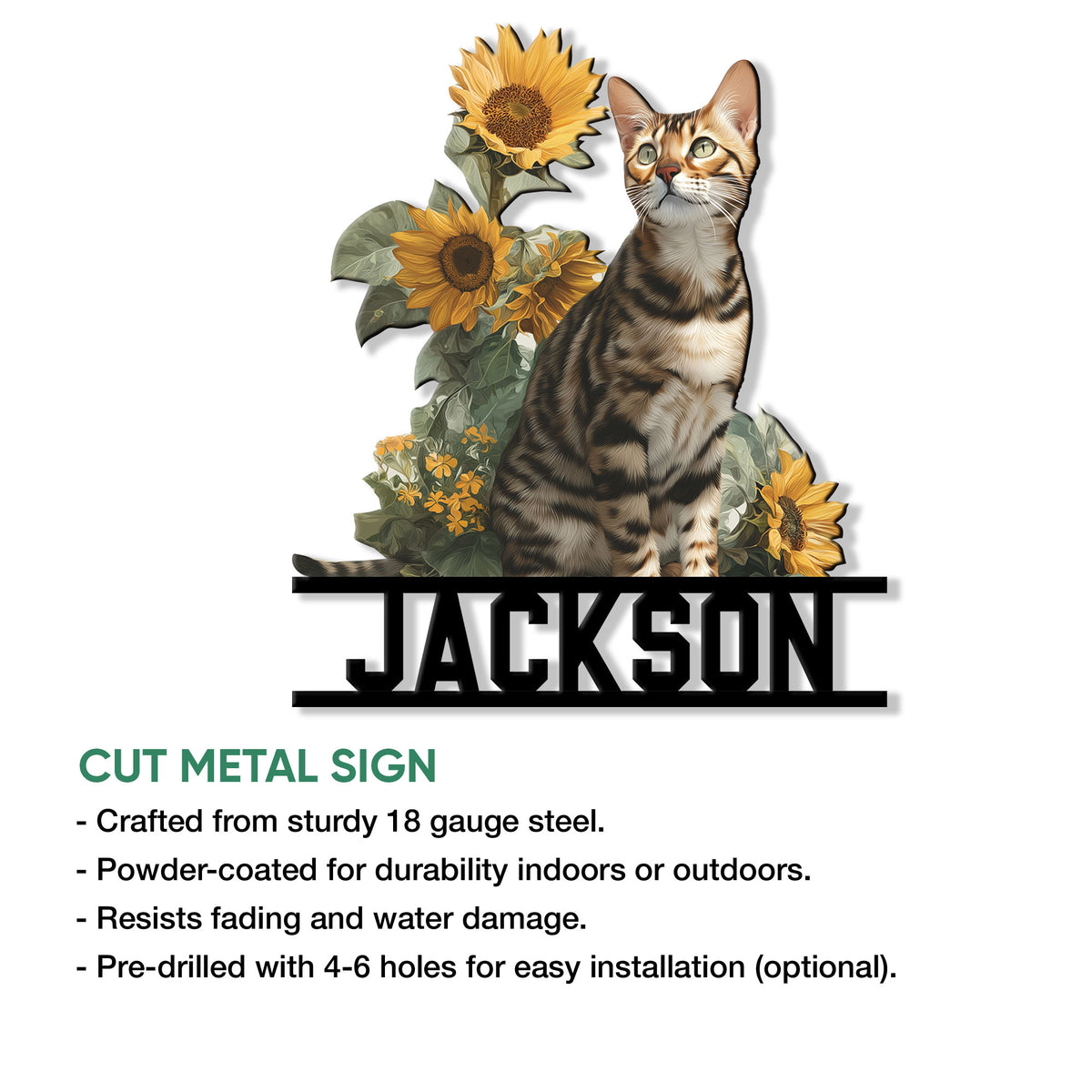 Bengal cat cut metal sign shown in a product feature infographic with floral artwork and mounting details