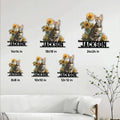 Bengal cat metal sign shown in multiple sizes on a bright living room wall with sunflower accents