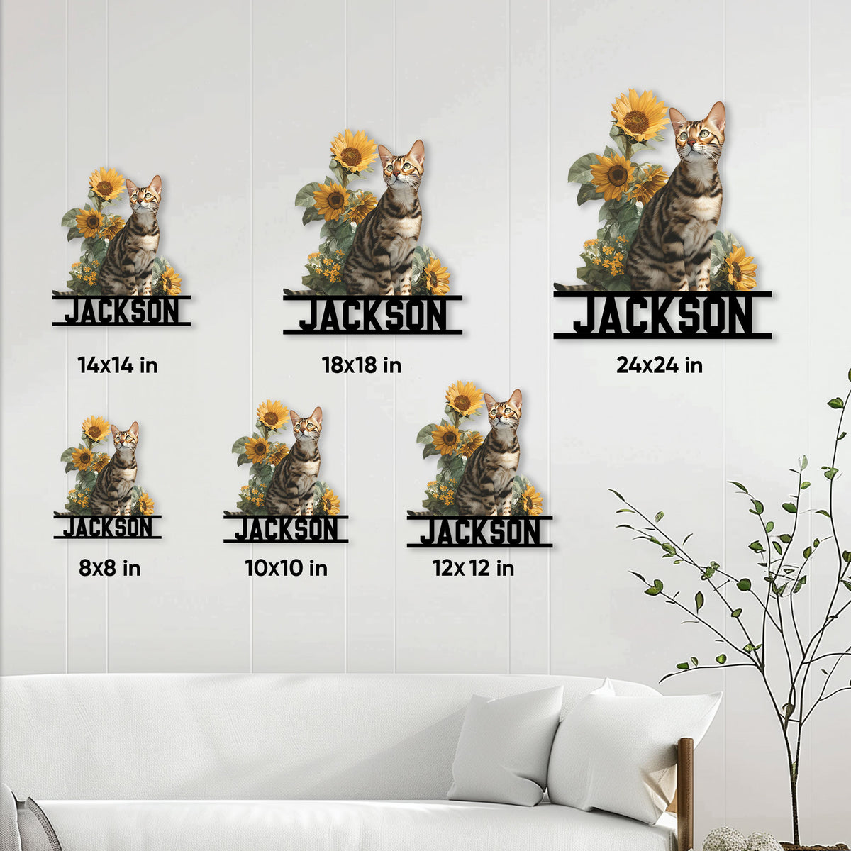 Bengal cat metal sign shown in multiple sizes on a bright living room wall with sunflower accents