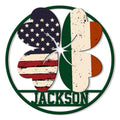 Custom Irish American metal sign with a distressed shamrock combining Irish and American flag colors