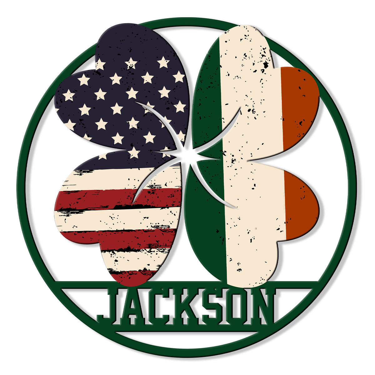 Custom Irish American metal sign with a distressed shamrock combining Irish and American flag colors